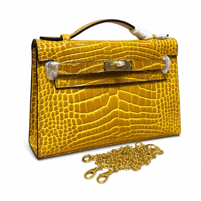 Kelly Pochette Jaune Ambre Shiny Niloticus Crocodile Leather Palladium Hardware Women Clutch Bag