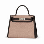 Kelly 25 Bag With Exterior Stitching Crafted Of Patchwork Canvas & Premium Swift Leather, Classic Deep Ebony Wood Shade, Unique Mixed Material Texture With Distinct Vintage Charm Dimensions: Length 25 * Width 10 * Height 18cm