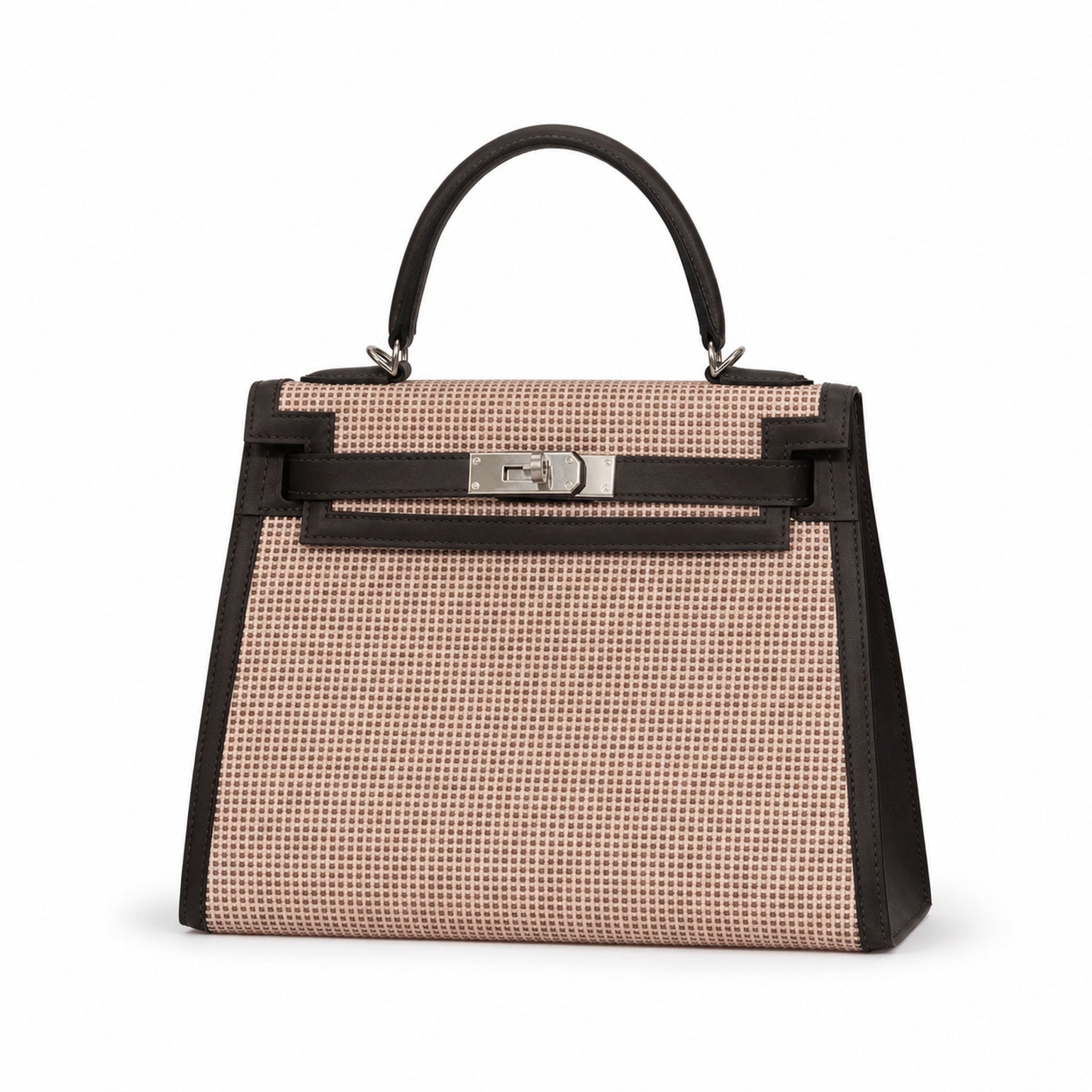 Kelly 25 Bag With Exterior Stitching Crafted Of Patchwork Canvas & Premium Swift Leather, Classic Deep Ebony Wood Shade, Unique Mixed Material Texture With Distinct Vintage Charm Dimensions: Length 25 * Width 10 * Height 18cm