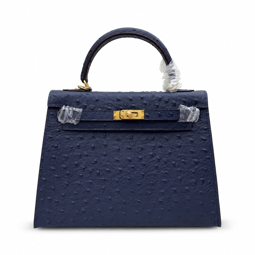 elly Sellier 25cm Bleu Nuit Ostrich Gold Hardware Luxury Commute Handbag