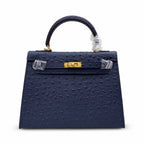 elly Sellier 25cm Bleu Nuit Ostrich Gold Hardware Luxury Commute Handbag