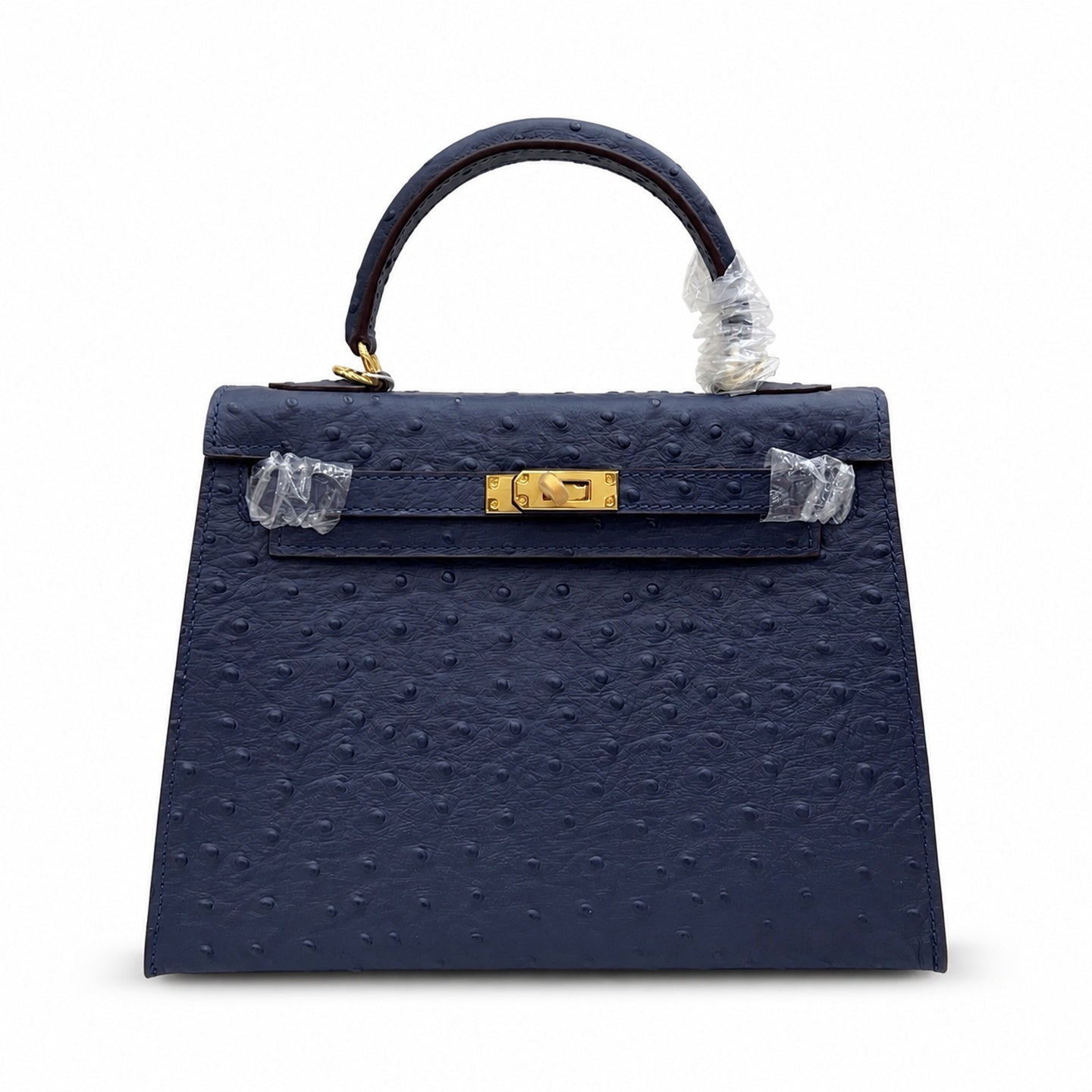 elly Sellier 25cm Bleu Nuit Ostrich Gold Hardware Luxury Commute Handbag