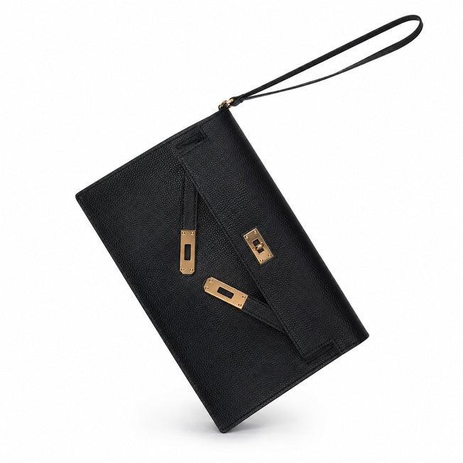 Kelly Elan 25 Underarm Baguette Bag, Genuine Top Layer Cowhide with Glossy Goat Grain, Gold Hardware Black Shoulder Handbag, Spacious Capacity Casual Versatile Daily Purse Size 25×6.5×15cm