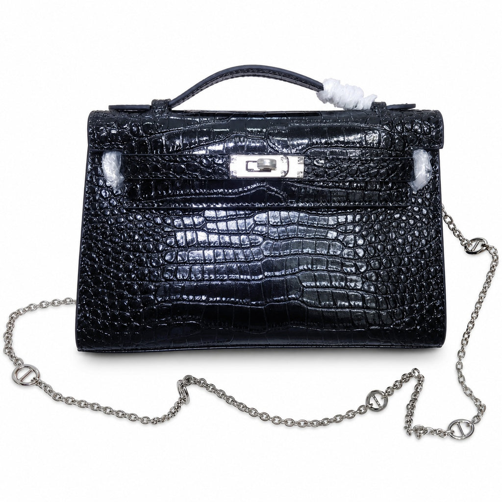 Kelly Pochette Noir Shiny Niloticus Crocodile Leather Palladium Hardware & Palladium Hardware Women Clutch Bag
