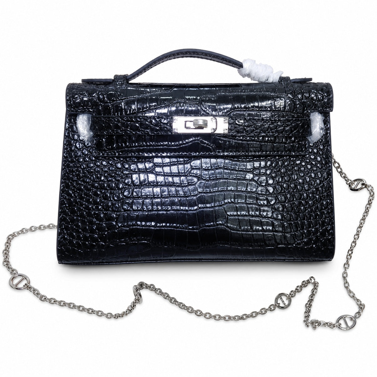 Kelly Pochette Noir Shiny Niloticus Crocodile Leather Palladium Hardware & Palladium Hardware Women Clutch Bag
