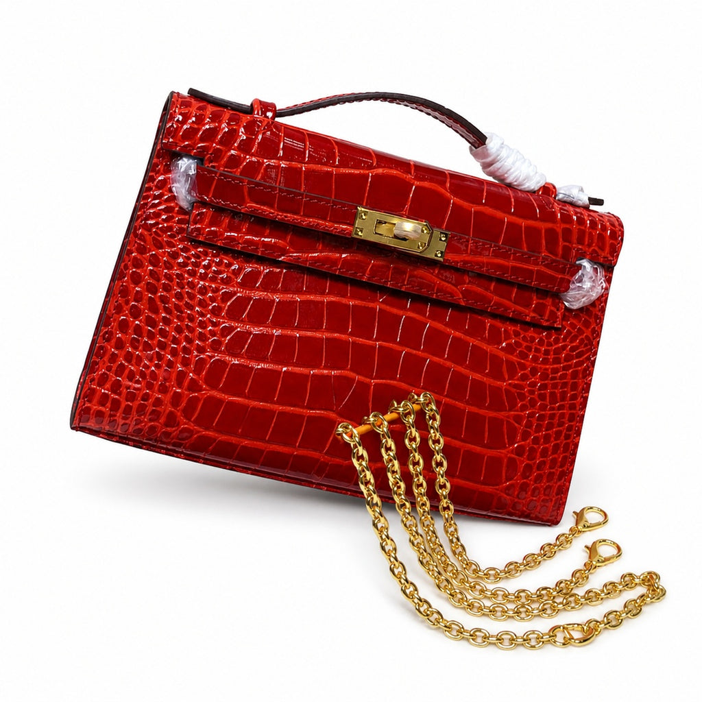 Kelly Pochette Rouge Casa Shiny Niloticus Crocodile Leather Gold Hardware Women Clutch Bag