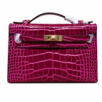 Kelly Pochette Fuchsia Shiny Niloticus Crocodile Leather Gold Hardware Women Clutch Bag
