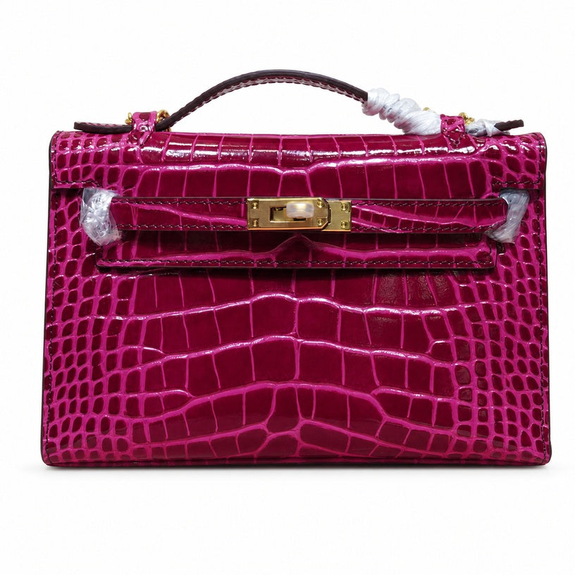 Kelly Pochette Fuchsia Shiny Niloticus Crocodile Leather Gold Hardware Women Clutch Bag