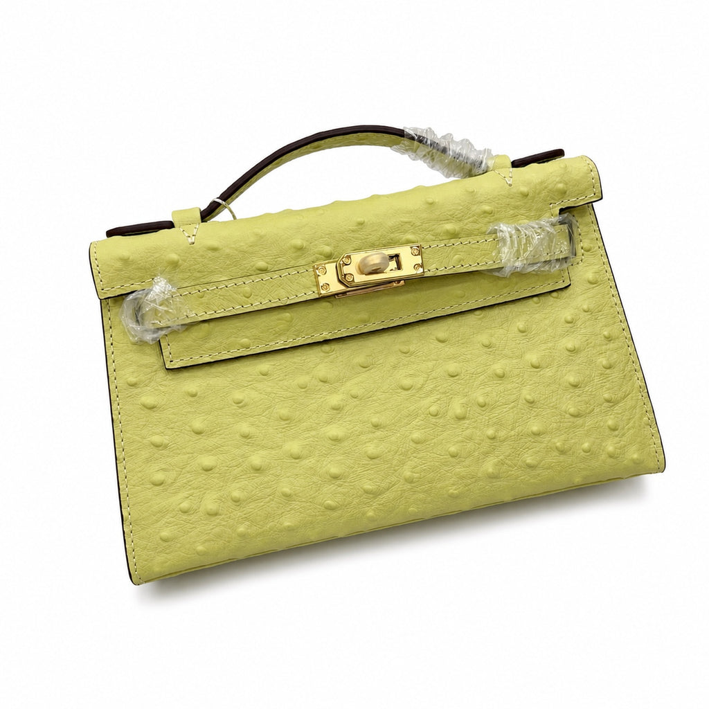 Mini Kelly II Sellier 19cm & 22cm Jaune Citron Ostrich Leather Gold Hardware Women Mini Handbag