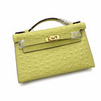 Mini Kelly II Sellier 19cm & 22cm Jaune Citron Ostrich Leather Gold Hardware Women Mini Handbag