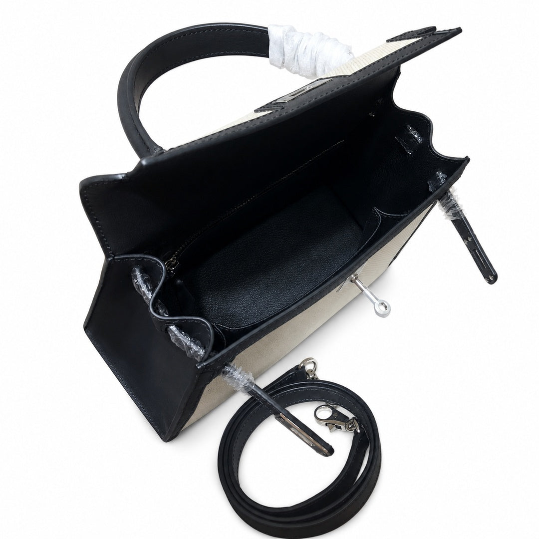 Top Selling Kelly 25 Bag With Outside Stitching, Made Of Textured Canvas & Soft Swift Leather Patchwork, Classic Black Silver Hardware Combination, Stunning Mixed Material Texture Dimensions: Length 25 * Width 10 * Height 18cm