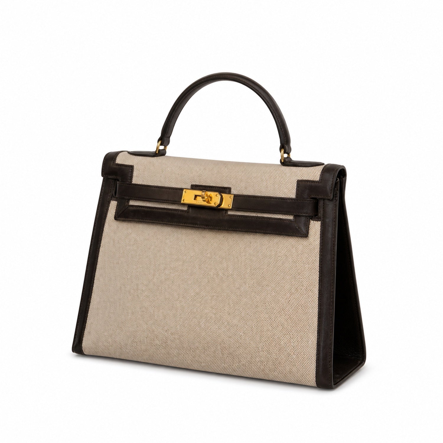 Kelly 25 Bag With Exterior Stitching Crafted Of Patchwork Canvas & Premium Swift Leather, Classic Deep Ebony Wood Shade, Unique Mixed Material Texture With Distinct Vintage Charm Dimensions: Length 25 * Width 10 * Height 18cm