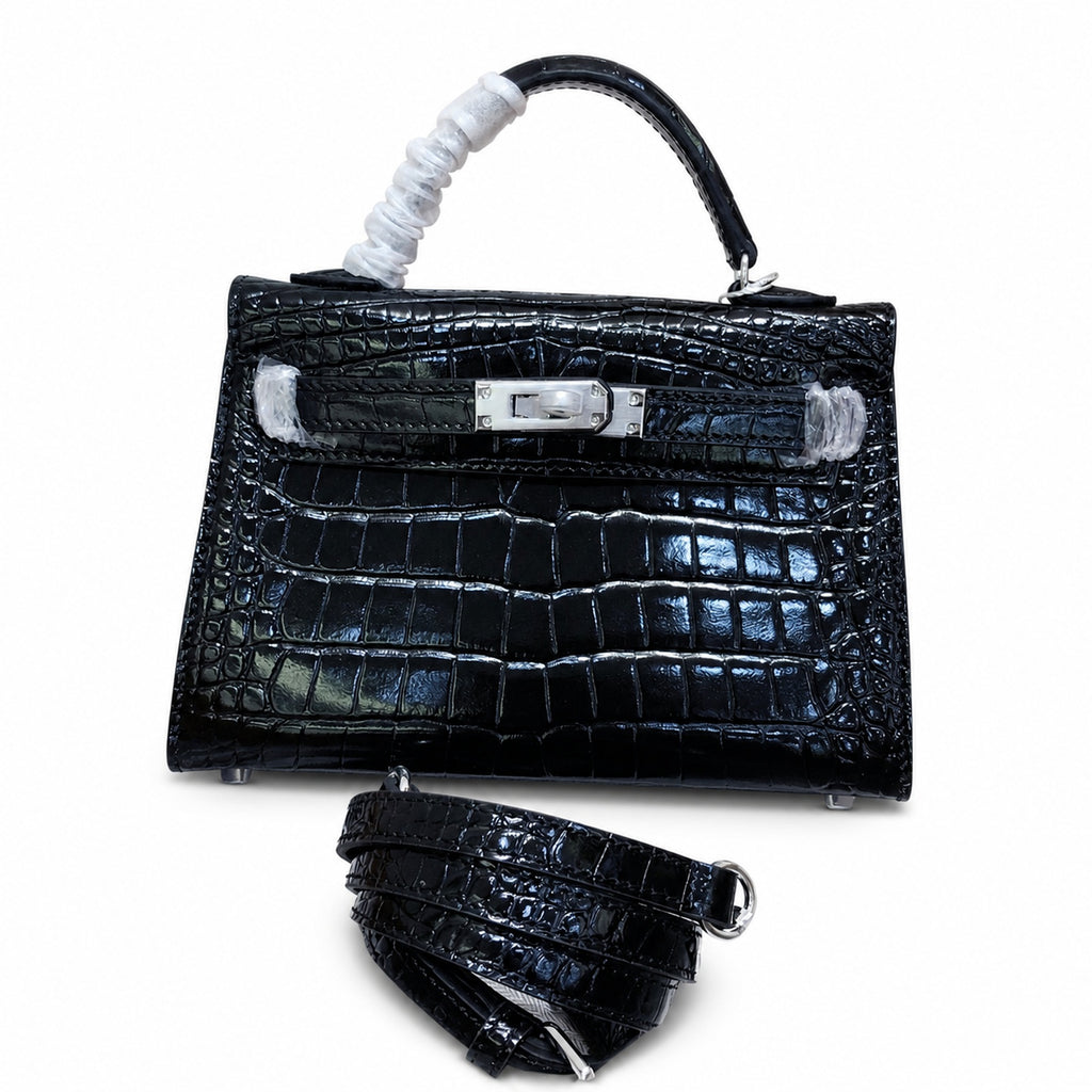 Kelly Sellier 19cm Noir Shiny Crocodile Leather Gold Hardware & Palladium Hardware Women Handbag