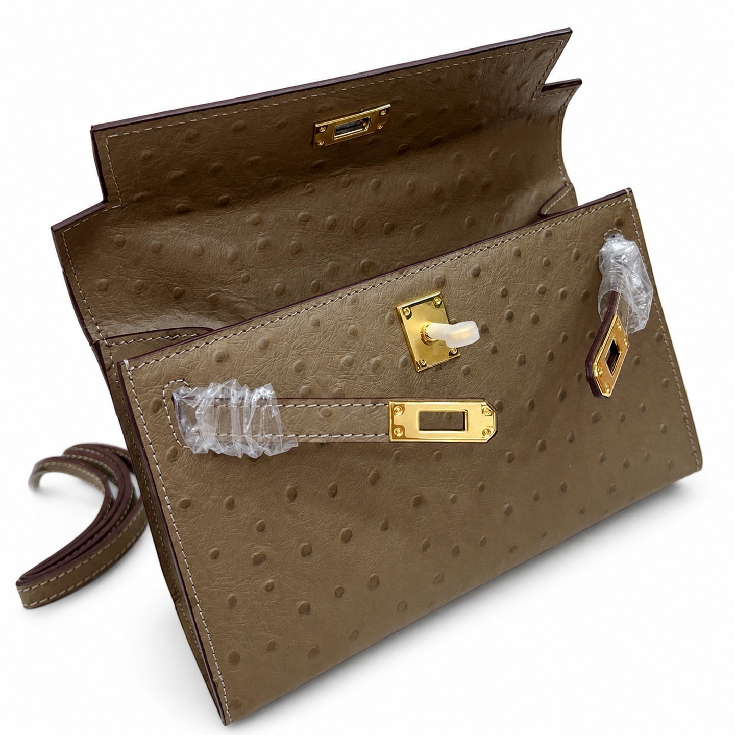 Mini Kelly II Sellier 19cm & 22cm Etoupe Ostrich Leather Gold Hardware Women Mini Handbag