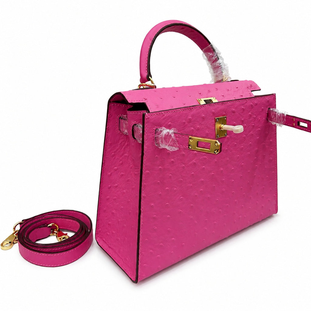 Kelly Sellier 25cm Rose Tyrien Ostrich Gold Hardware Designer Crossbody Tote