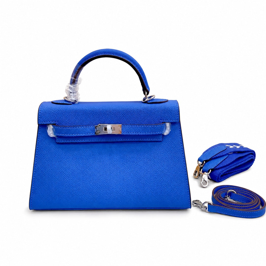 Mini Kelly II Sellier 19cm & 22cm Bleu Electrique Epsom Leather Palladium Hardware Women Mini Handbag With Extra Fabric Strap