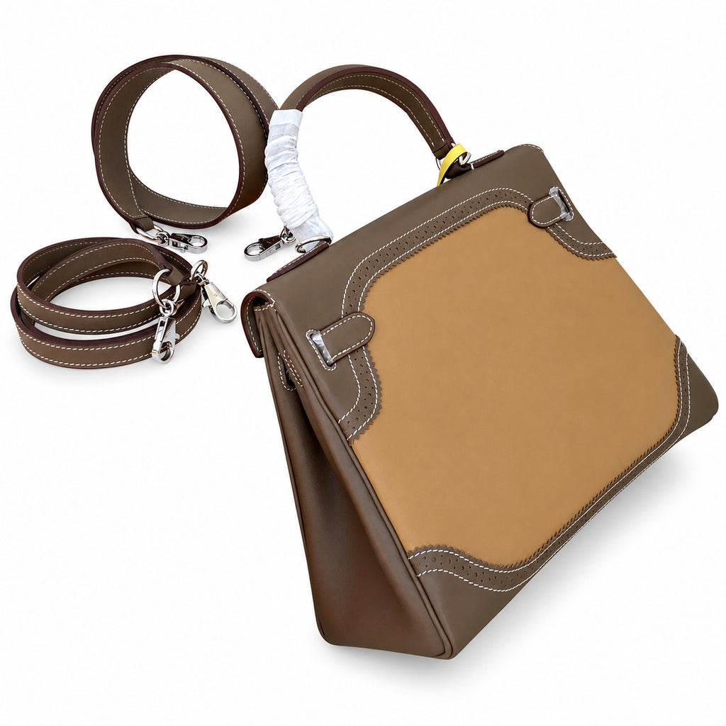 Kelly Sellier Ghillies 28cm Beige Poussière & Marron Foncé Barenia Leather Palladium Hardware Women Handbag