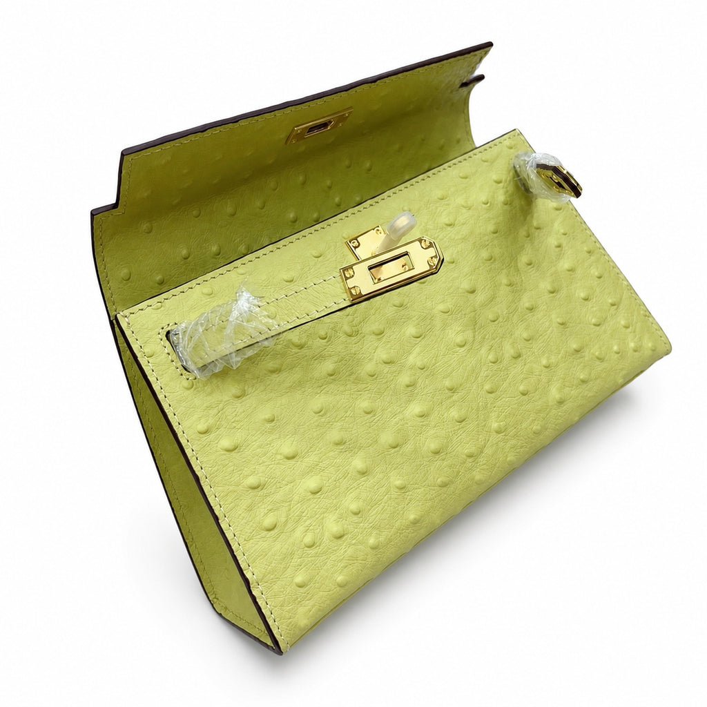 Mini Kelly II Sellier 19cm & 22cm Jaune Citron Ostrich Leather Gold Hardware Women Mini Handbag