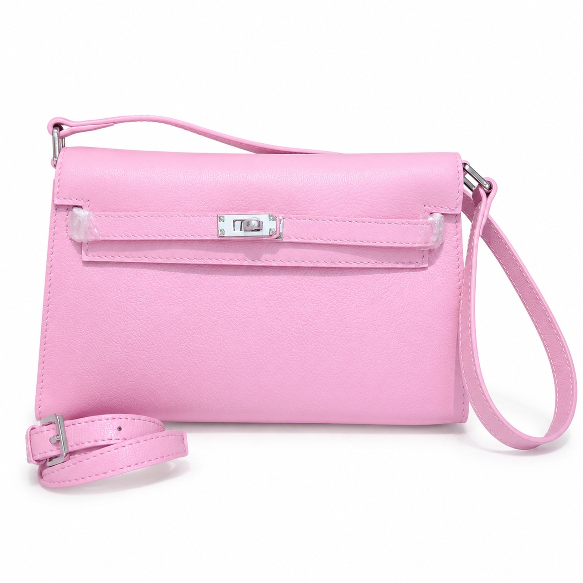 Kelly Elan 25 Underarm Baguette Bag, Genuine Top Layer Cowhide Goat Grain Leather, Silver Hardware Mauve Iris Purple Shoulder Handbag, Bright Soft Tone Youthful Elegant Daily Purse Size 25×6.5×15cm