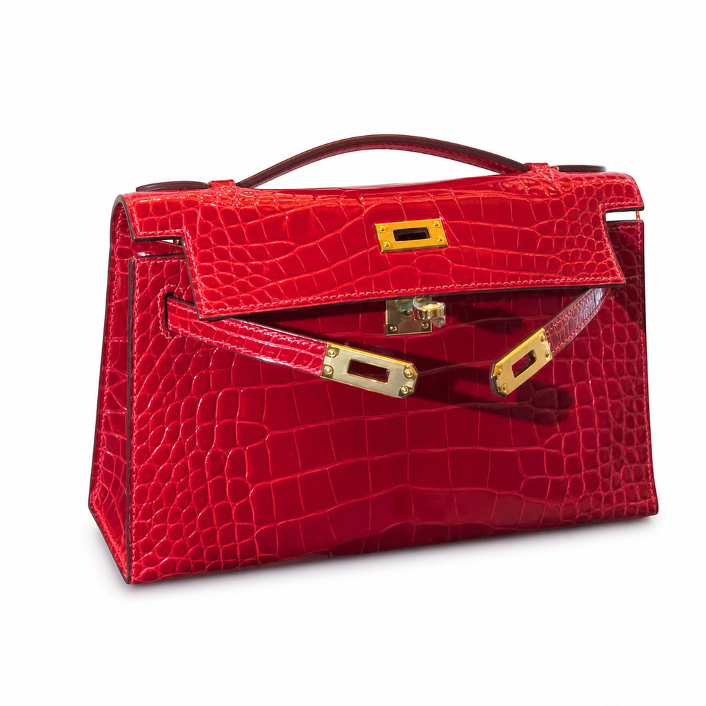 Kelly Pochette Rouge Casa Shiny Niloticus Crocodile Leather Gold Hardware Women Clutch Bag
