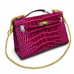 Kelly Pochette Fuchsia Shiny Niloticus Crocodile Leather Gold Hardware Women Clutch Bag