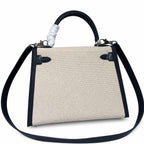 Top Selling Kelly 25 Bag With Outside Stitching, Made Of Textured Canvas & Soft Swift Leather Patchwork, Classic Black Silver Hardware Combination, Stunning Mixed Material Texture Dimensions: Length 25 * Width 10 * Height 18cm