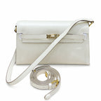 Kelly Elan 25 Underarm Baguette Bag, Genuine Top Layer Cowhide with Goat Grain, Gold Hardware Minimalist Off White Shoulder Handbag, Size 25×6.5×15cm Elegant Soft Tone Daily Purse for Women