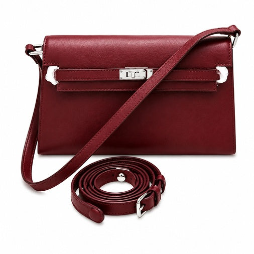 Kelly Elan 25 Underarm Baguette Bag, Genuine Top Layer Cowhide Goat Grain Leather, SilverHardware Vintage Wine Red Shoulder Handbag, Elegant Luxury Quiet Glam Daily Purse Size 25×6.5×15cm