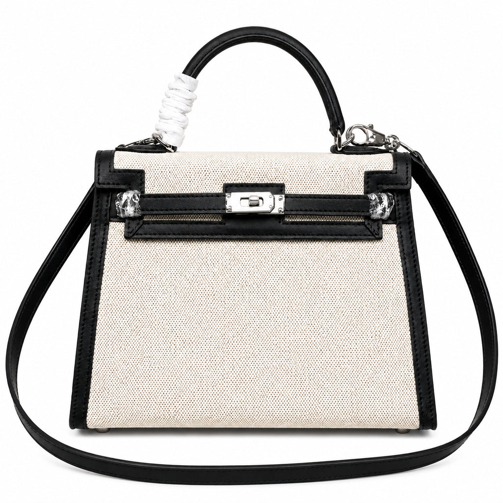 Top Selling Kelly 25 Bag With Outside Stitching, Made Of Textured Canvas & Soft Swift Leather Patchwork, Classic Black Silver Hardware Combination, Stunning Mixed Material Texture Dimensions: Length 25 * Width 10 * Height 18cm