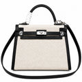 Top Selling Kelly 25 Bag With Outside Stitching, Made Of Textured Canvas & Soft Swift Leather Patchwork, Classic Black Silver Hardware Combination, Stunning Mixed Material Texture Dimensions: Length 25 * Width 10 * Height 18cm