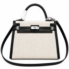 Top Selling Kelly 25 Bag With Outside Stitching, Made Of Textured Canvas & Soft Swift Leather Patchwork, Classic Black Silver Hardware Combination, Stunning Mixed Material Texture Dimensions: Length 25 * Width 10 * Height 18cm
