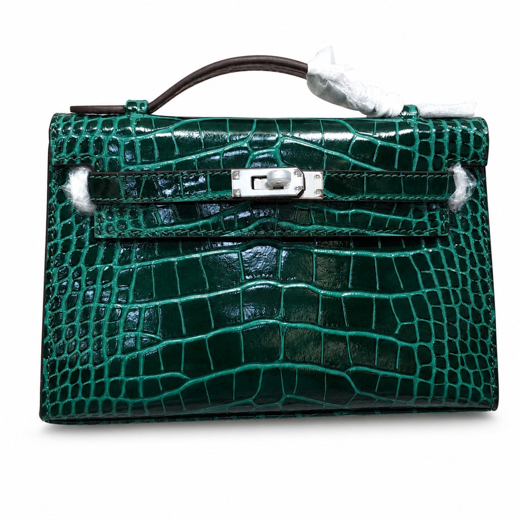 Kelly Pochette Vert Emeraude Shiny Niloticus Crocodile Leather Palladium Hardware Women Clutch Bag
