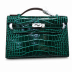 Kelly Pochette Vert Emeraude Shiny Niloticus Crocodile Leather Palladium Hardware Women Clutch Bag