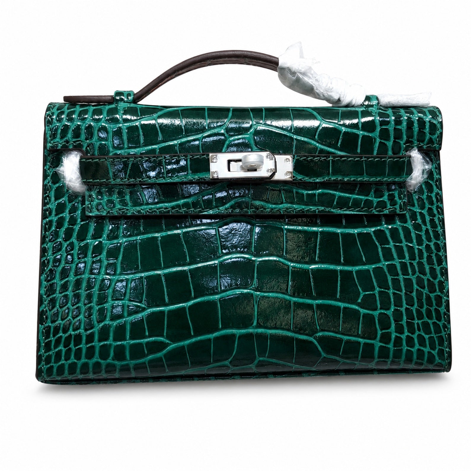 Kelly Pochette Vert Emeraude Shiny Niloticus Crocodile Leather Palladium Hardware Women Clutch Bag