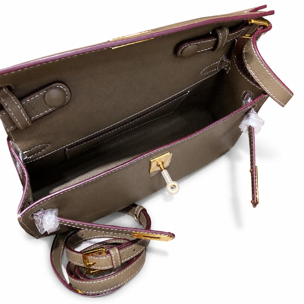 Kelly Elan 25 Genuine Goat Grain Top Layer Cowhide Shoulder Bag, Gold Hardware Neutral Khaki Faux Kelly Baguette Underarm Bag, 25×6.5×15cm Elegant Commute Handbag for Women All Season Match