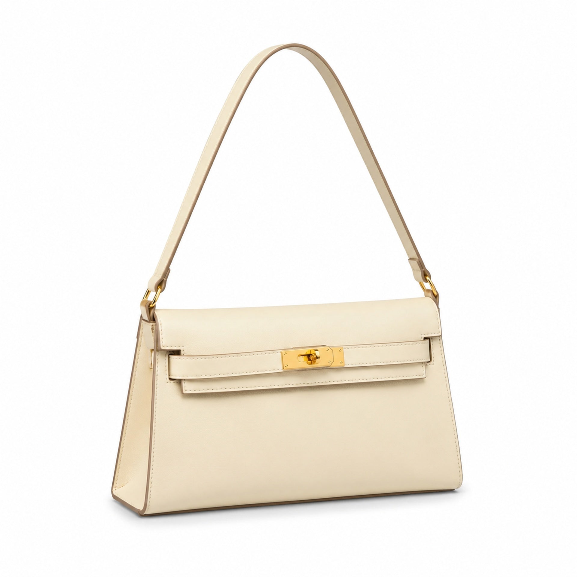 Kelly Elan 25 Underarm Baguette Bag, Genuine Top Layer Cowhide with Goat Grain, Gold Hardware Minimalist Off White Shoulder Handbag, Size 25×6.5×15cm Elegant Soft Tone Daily Purse for Women