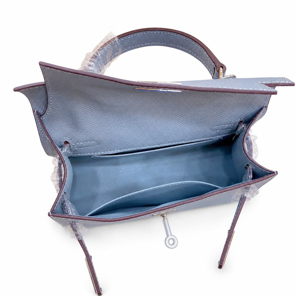 Mini Kelly II Sellier 19cm & 22cm Bleu Lin Epsom Leather Palladium Hardware Women Mini Handbag