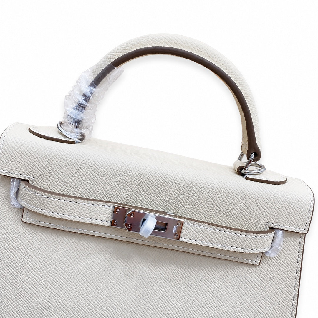 Mini Kelly II Sellier 19cm & 22cm Craie Epsom Leather Palladium Hardware Women Mini Handba