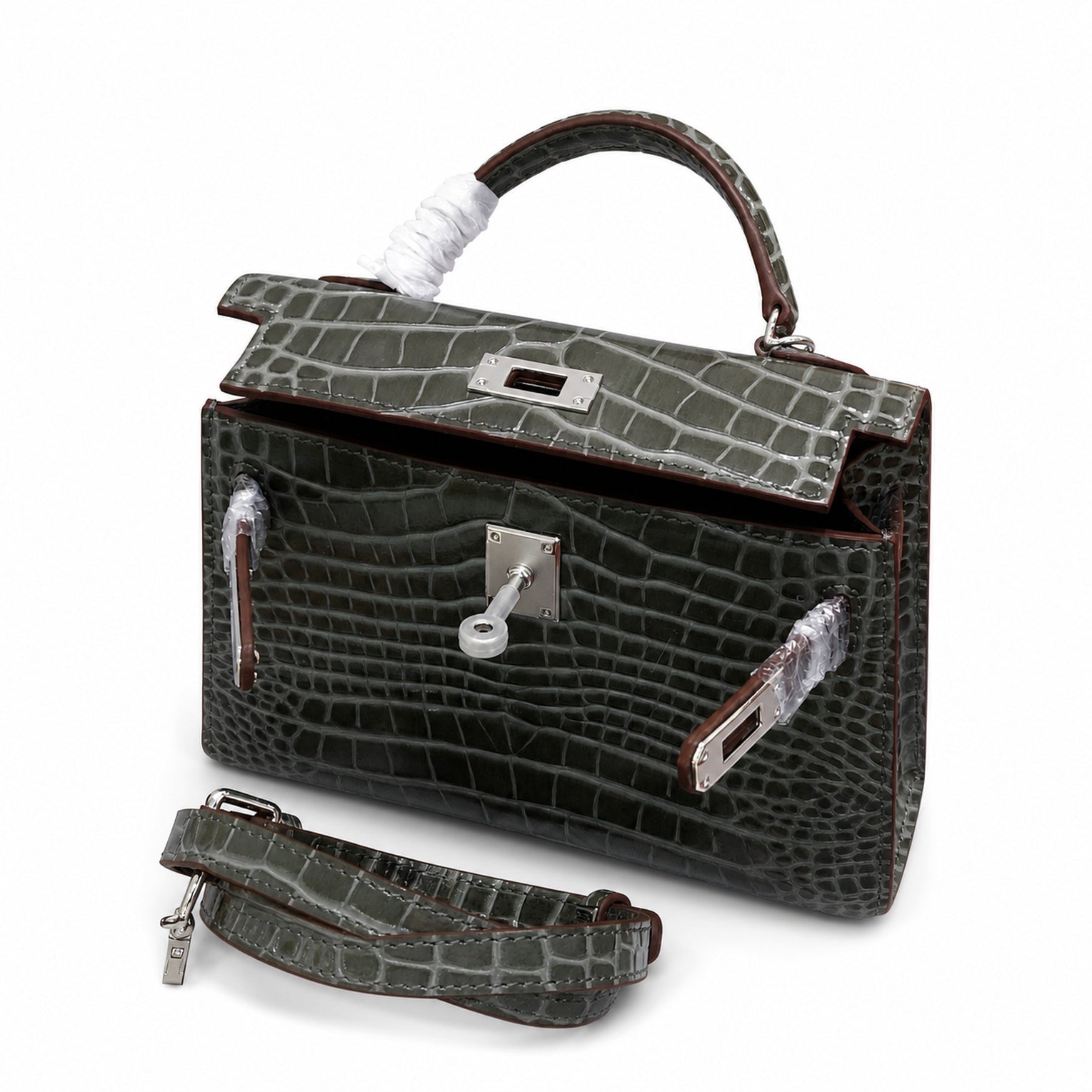 Kelly Sellier 19cm Gris Elephant Shiny Crocodile Leather Gold Hardware & Palladium Hardware Women Handbag