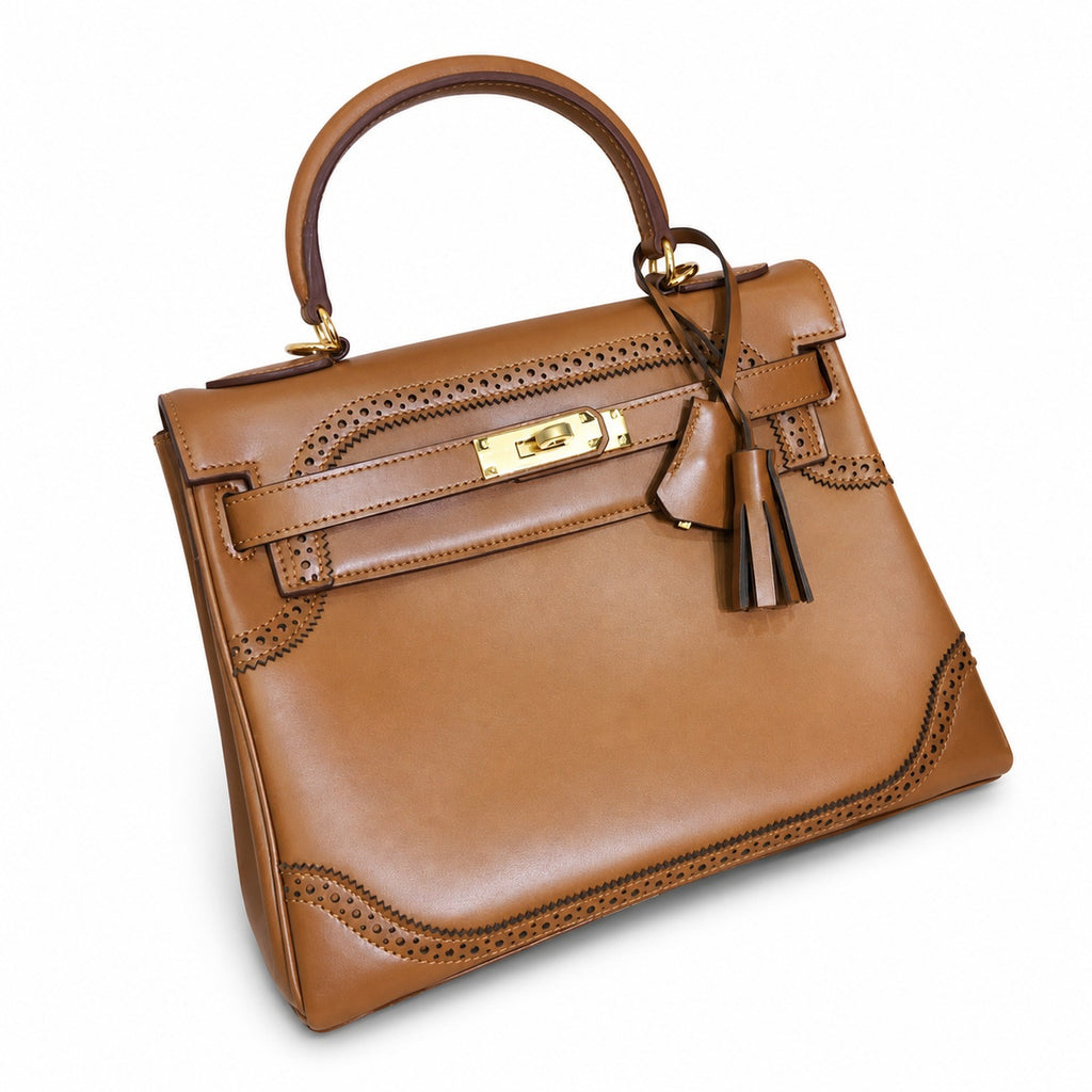 Kelly Sellier Ghillies 28cm Natural Sable Barenia Leather Gold Hardware Women Handbag