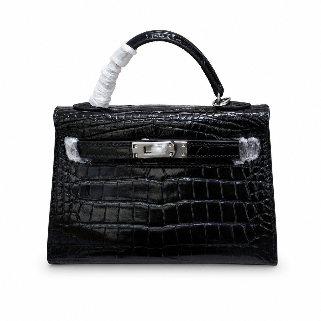 Kelly Sellier 19cm Noir Shiny Crocodile Leather Gold Hardware & Palladium Hardware Women Handbag