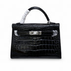 Kelly Sellier 19cm Noir Shiny Crocodile Leather Gold Hardware & Palladium Hardware Women Handbag