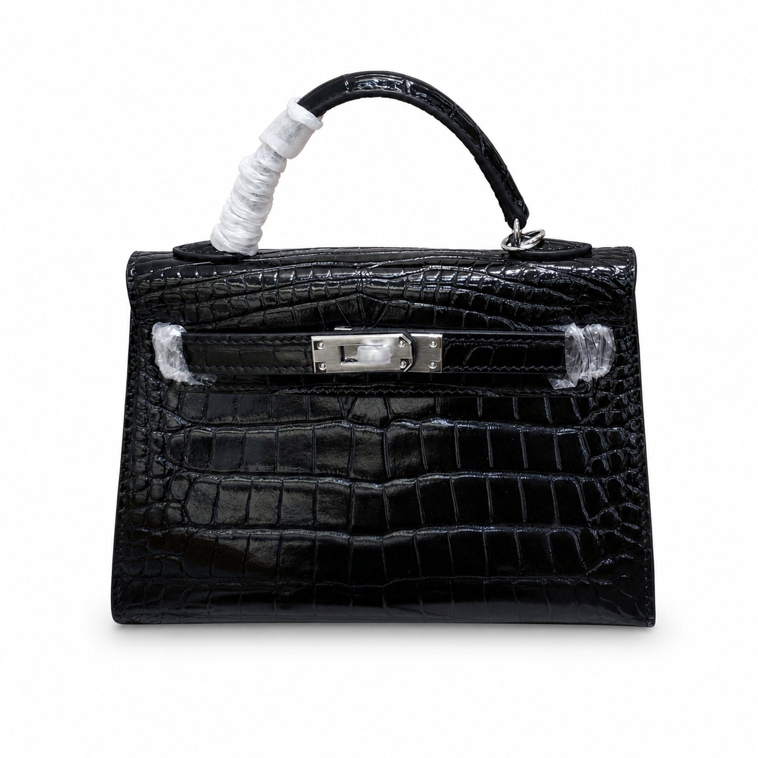 Kelly Sellier 19cm Noir Shiny Crocodile Leather Gold Hardware & Palladium Hardware Women Handbag