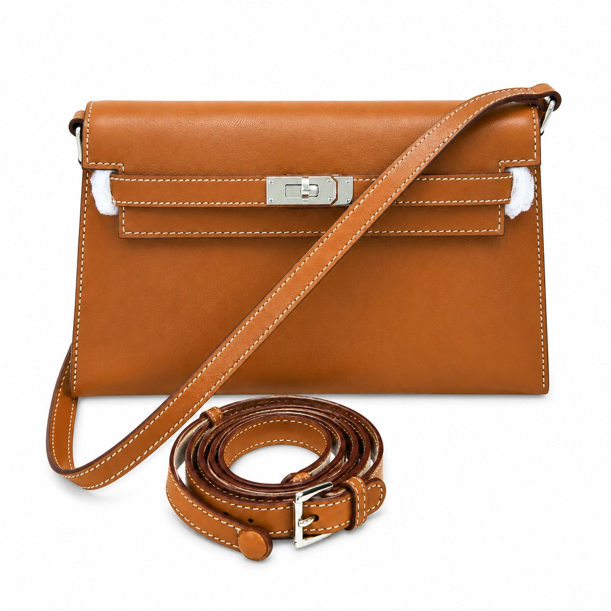 Kelly Elan 25 Underarm Baguette Bag, Genuine Top Layer Cowhide Goat Grain Leather, Silver Hardware Caramel Brown Shoulder Purse, Vintage Classic Fall Winter Must-Have Handbag Size 25×6.5×15cm
