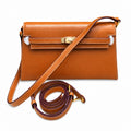 Kelly Elan 25 Top-Grain Leather Goat-Pattern Underarm Baguette Bag – Gold Buckle, Coffee Brown, 25×6.5×15cm