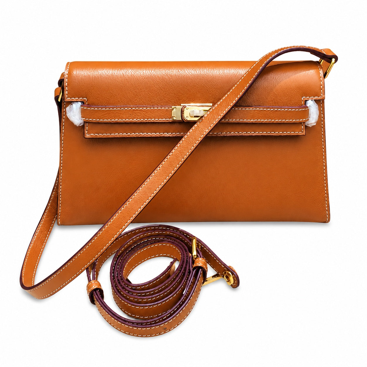 Kelly Elan 25 Top-Grain Leather Goat-Pattern Underarm Baguette Bag – Gold Buckle, Coffee Brown, 25×6.5×15cm
