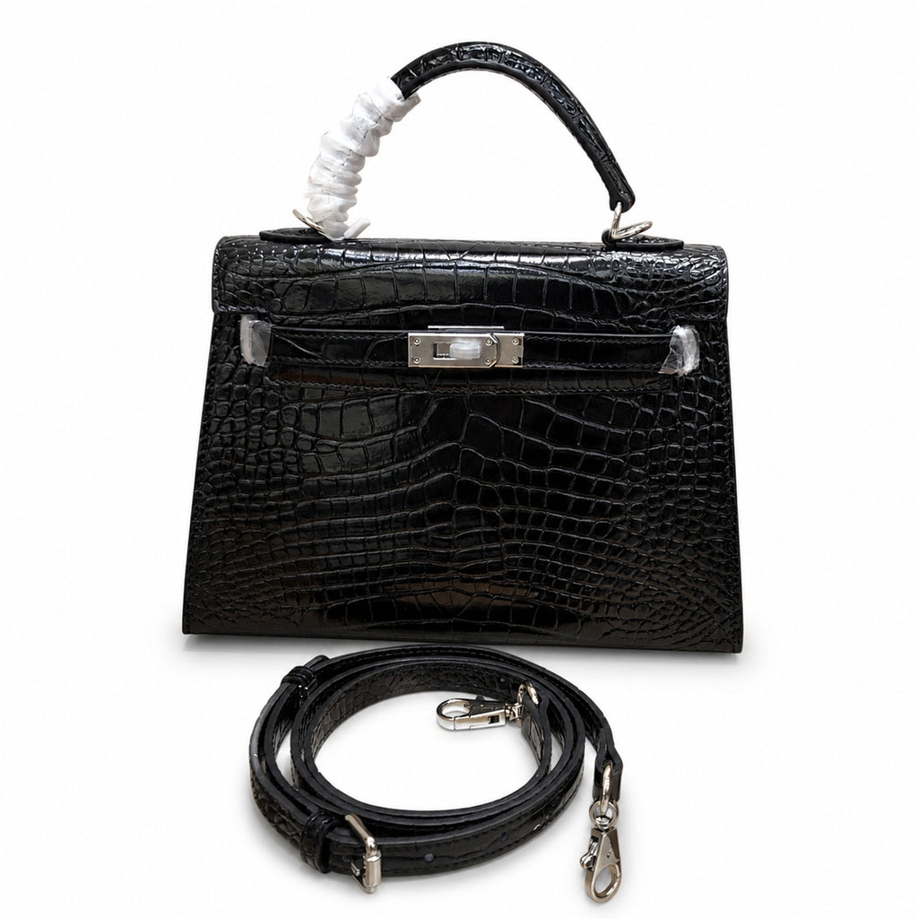 Kelly Sellier 22cm Noir Shiny Crocodile Leather Gold Hardware & Palladium Hardware Women Handbag
