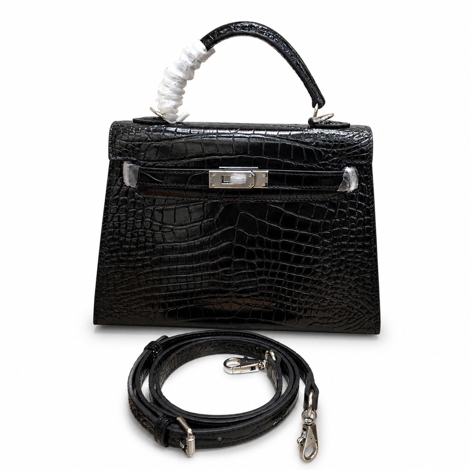 Kelly Sellier 22cm Noir Shiny Crocodile Leather Gold Hardware & Palladium Hardware Women Handbag