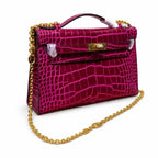 Kelly Pochette Fuchsia Shiny Niloticus Crocodile Leather Gold Hardware Women Clutch Bag