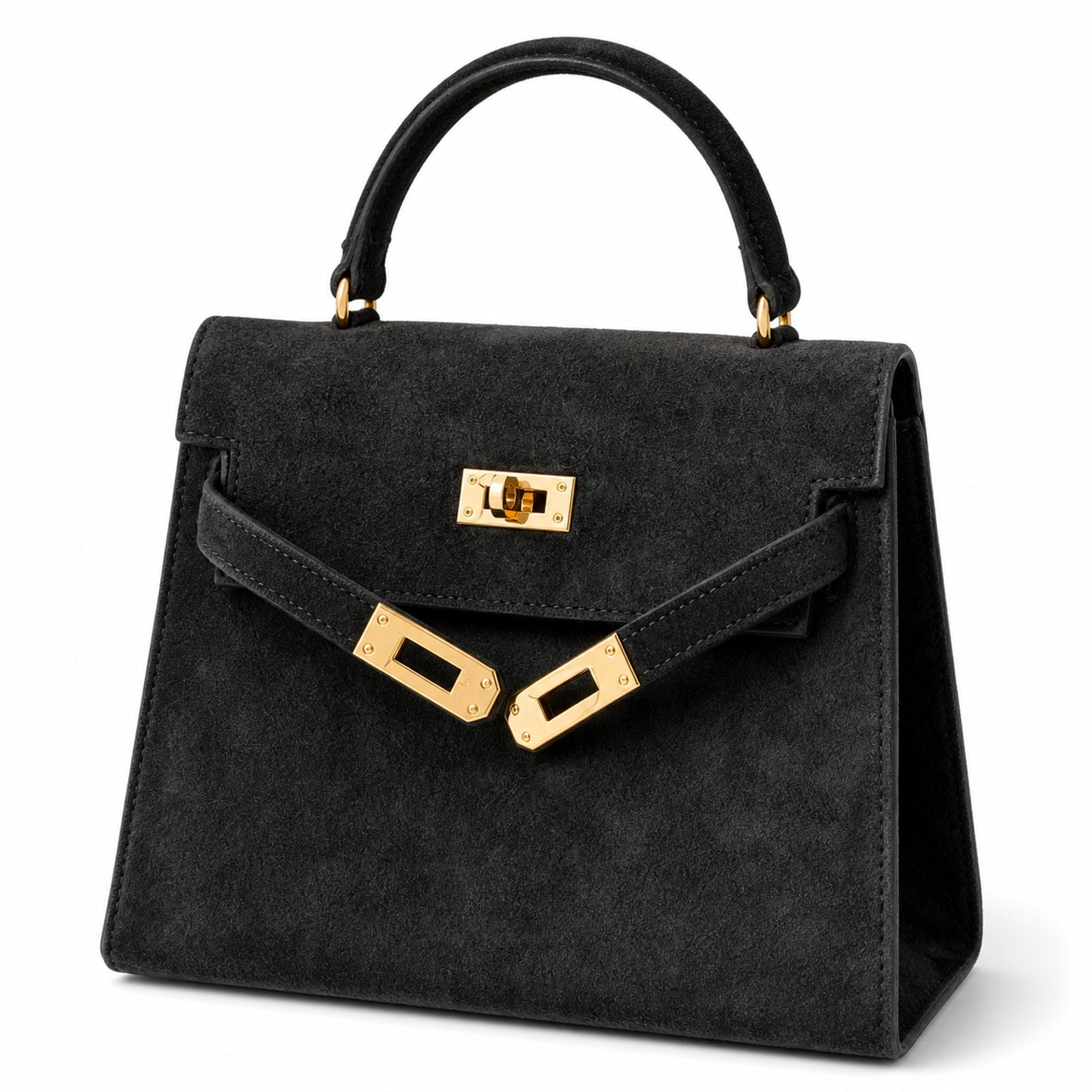 Kelly Sellier 22cm Noir Suede Leather Gold Hardware Women Mini Handbag